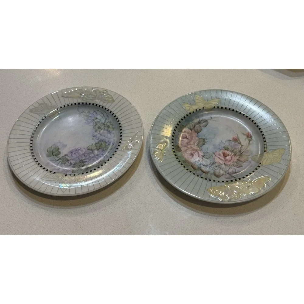 Vtg Linea Custom Painted Plates‎ Porcelain Floral Butterflies Set Of Two 7.75